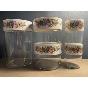 Vintage Pyrex Glass Canister Set Spice of Life 5 Pc USA W Lids Shaker